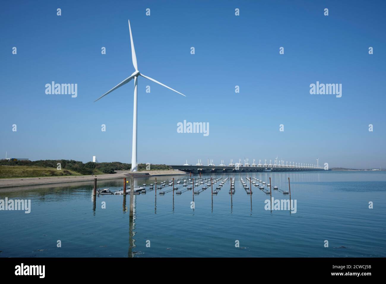 the zeelandbrug deltaworks in holland at the Oosterschelde river to protect holland form high sea level, this is near the dutch museum neeltje jans Stock Photo