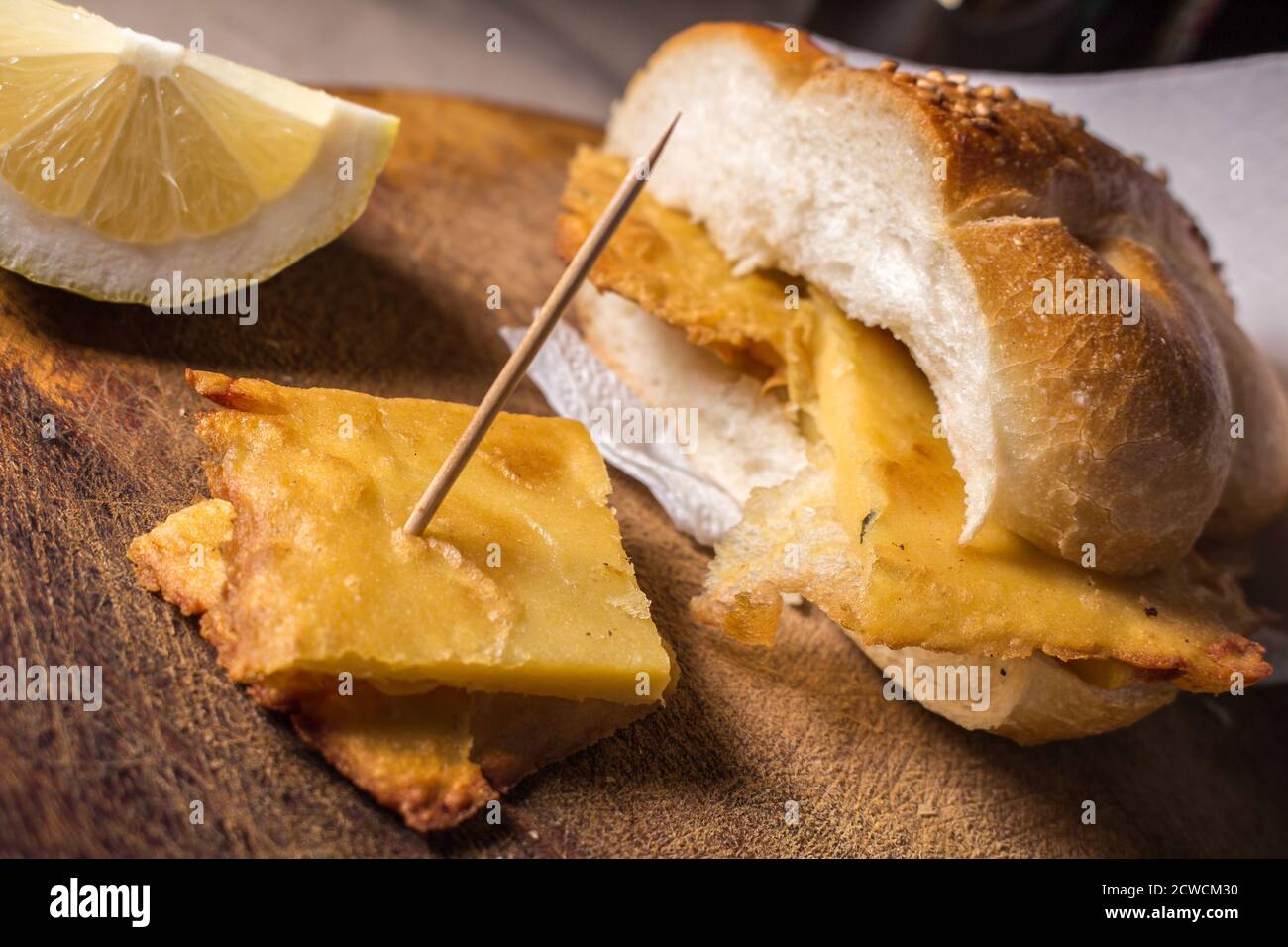 Sicilian street food, sandwich with chickpea pancakes called "panelle" Stock Photo