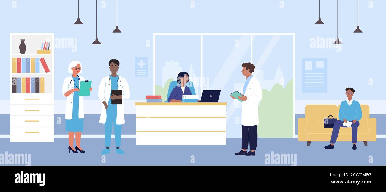 Hospital reception vector illustration. Cartoon flat doctor character team standing at receptionist table, patient waiting for doctor appointment, sitting on sofa in hospital hall interior background Stock Vector