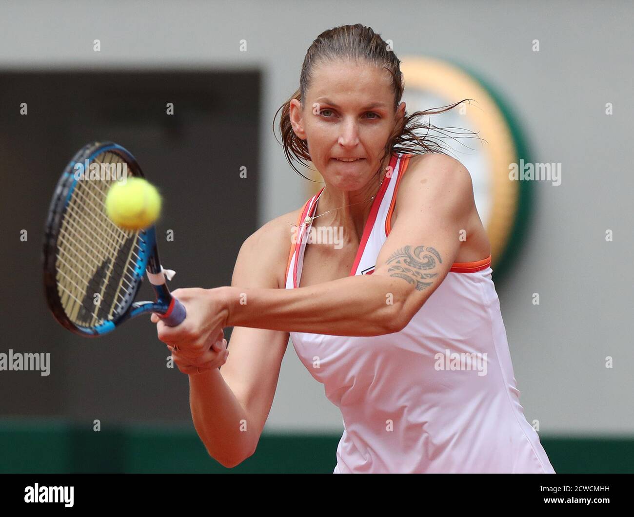 Paris, France. 29th Sep, 2020. Karolina Pliskova of Czech Republic returns  the ball during the women's singles first round match against Mayar Sherif  of Egypt at French Open tennis tournament 2020 at