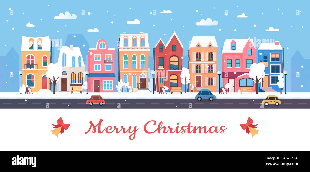 Merry Christmas Happy New Year In Winter City Vector Illustration Cartoon Flat Urban Wintery Snowy Cityscape
