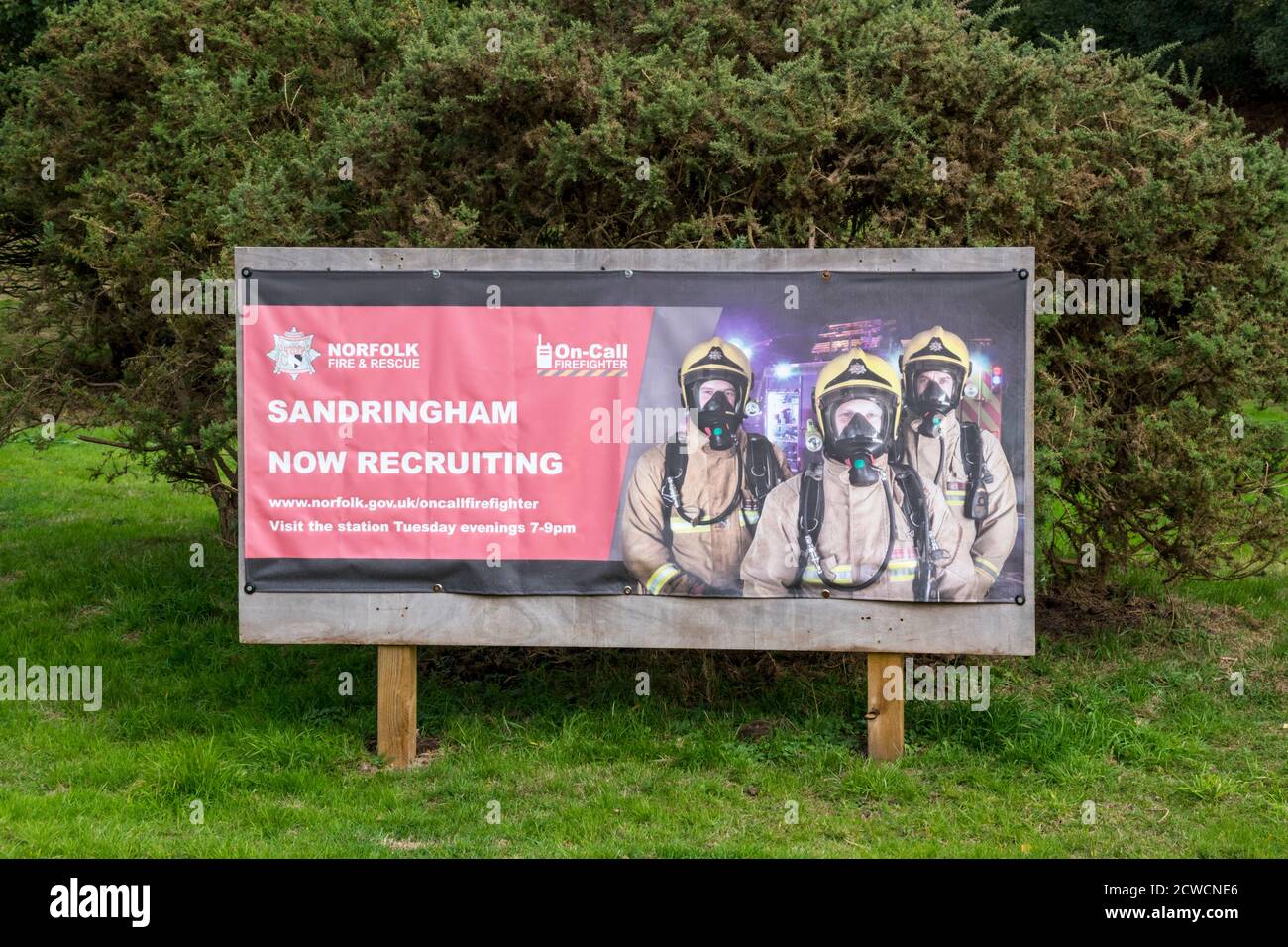 A recruiting poster for the Norfolk Fire and Rescue Service Sandringham fire station. Stock Photo