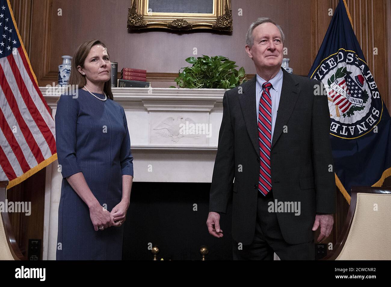 Seventh United States Circuit Court Judge Amy Coney Barrett (L), US President Donald Trump's nominee for the US Supreme Court, meets with US Senator Mike Crapo (Republican of Idaho) as she begins a series of meetings to prepare for her confirmation hearing, on Capitol Hill on September 29, 2020 in Washington, DC. Credit: Tasos Katopodis/Pool via CNP /MediaPunch Stock Photo