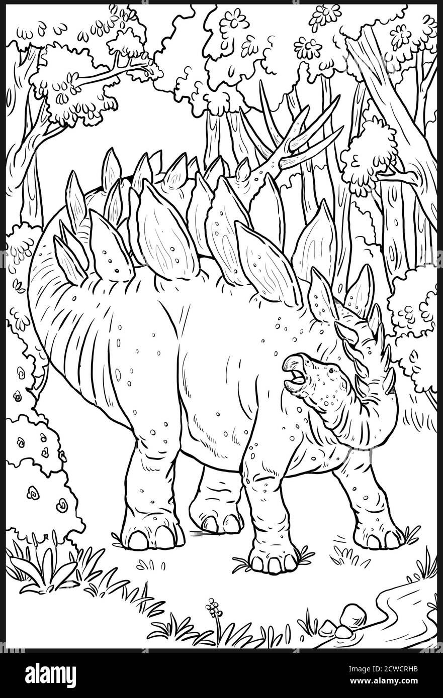 Herbivorous dinosaur - Stegosaurus. Dino outline drawing. Coloring page. Stock Photo