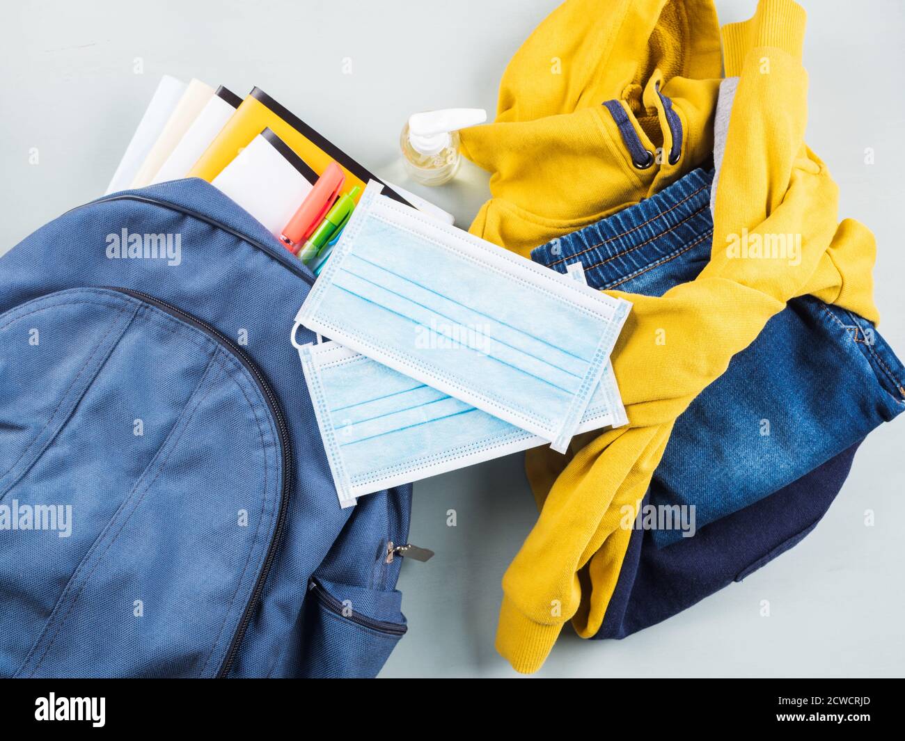 New school set including face mask, sanitizer Stock Photo