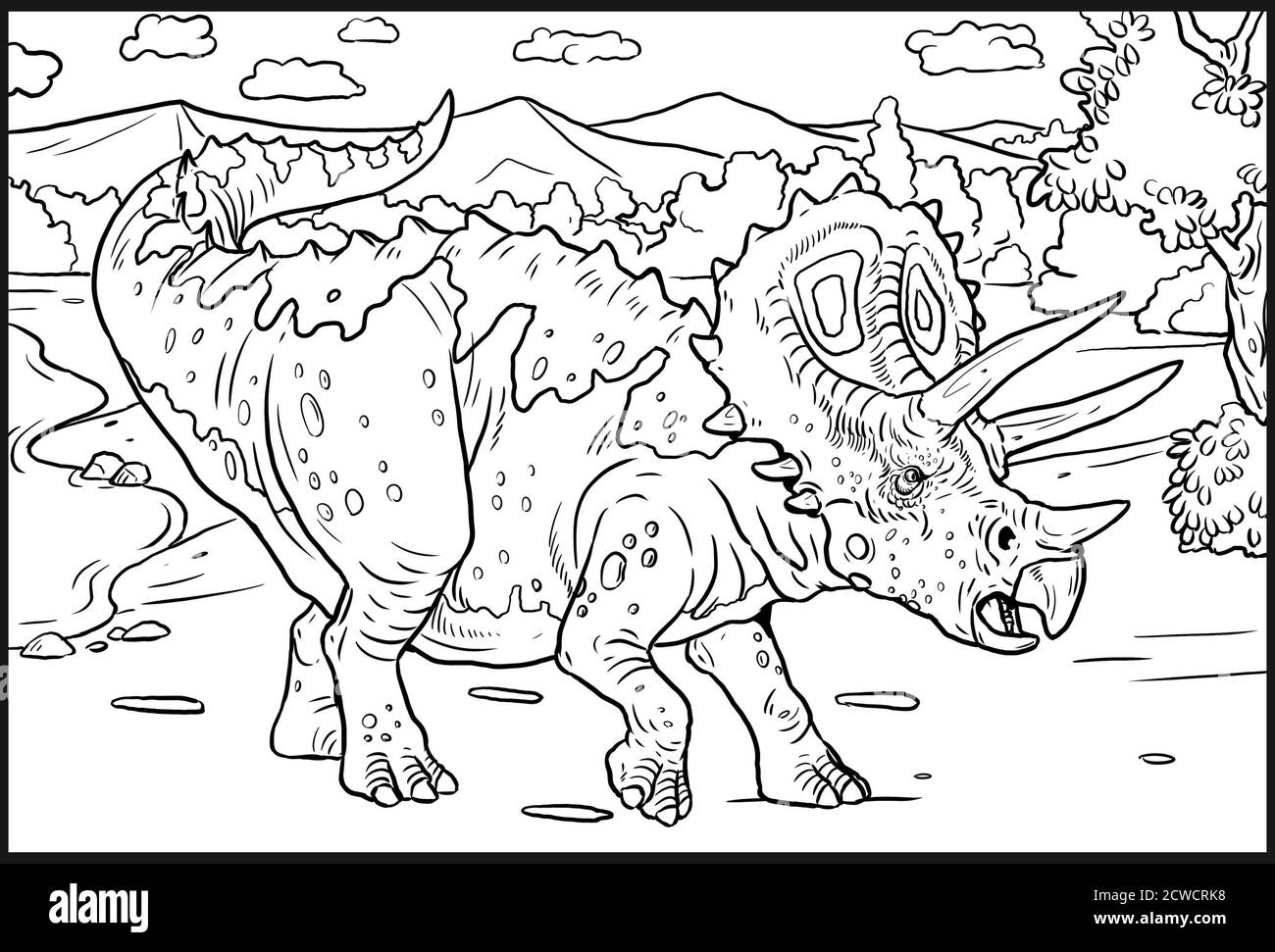 Herbivorous dinosaur - Triceratops. Dino outline drawing. Stock Photo