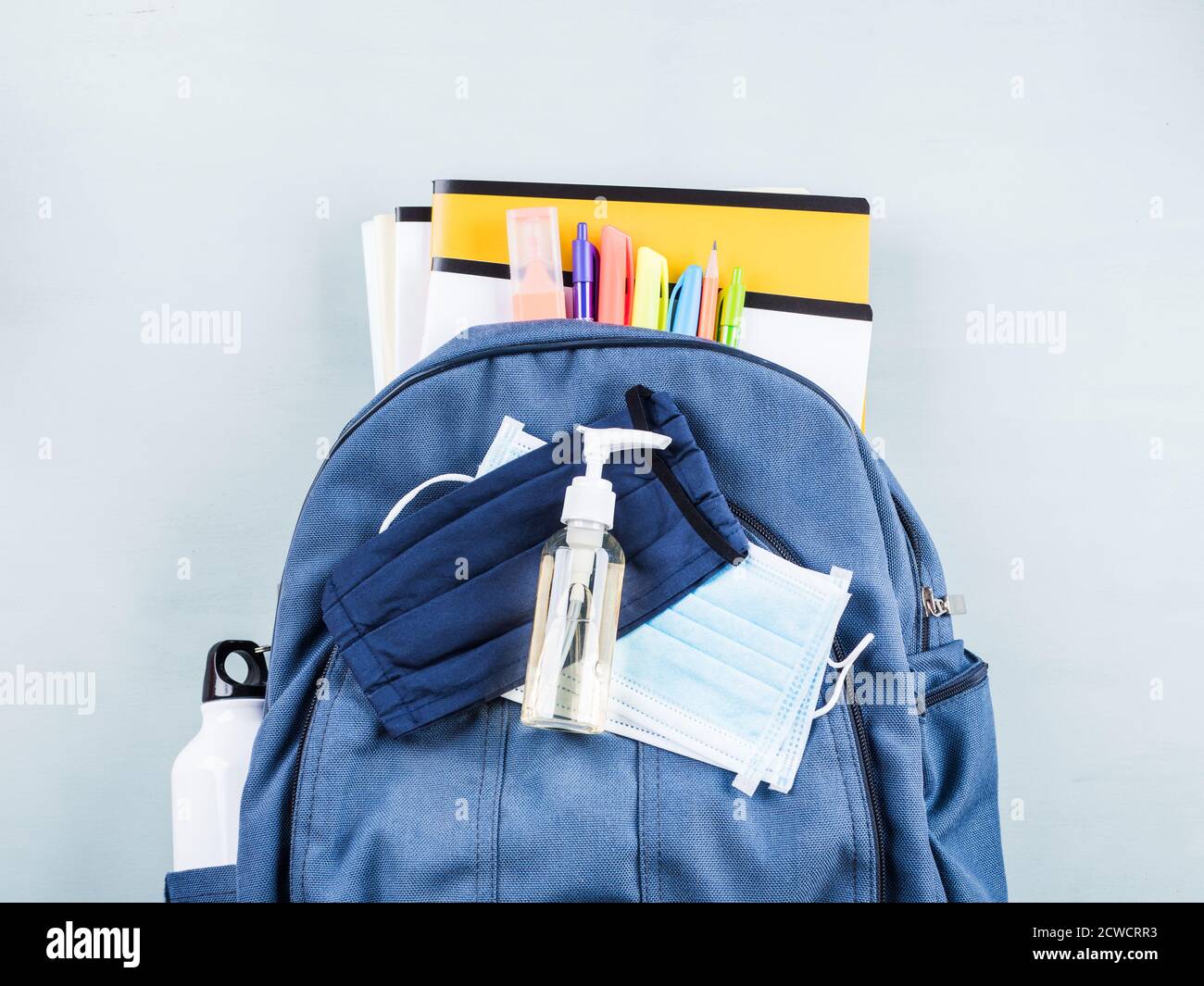 New school set including face mask, sanitizer Stock Photo