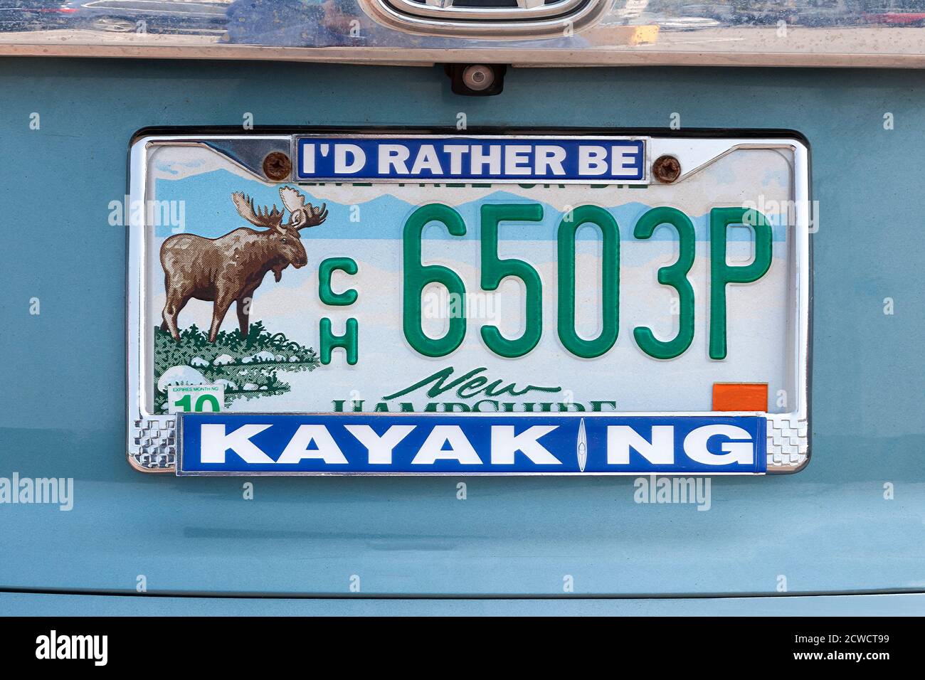 'I'd Rather Be Kayaking' vanity license plate in New Hampshire, USA. Stock Photo