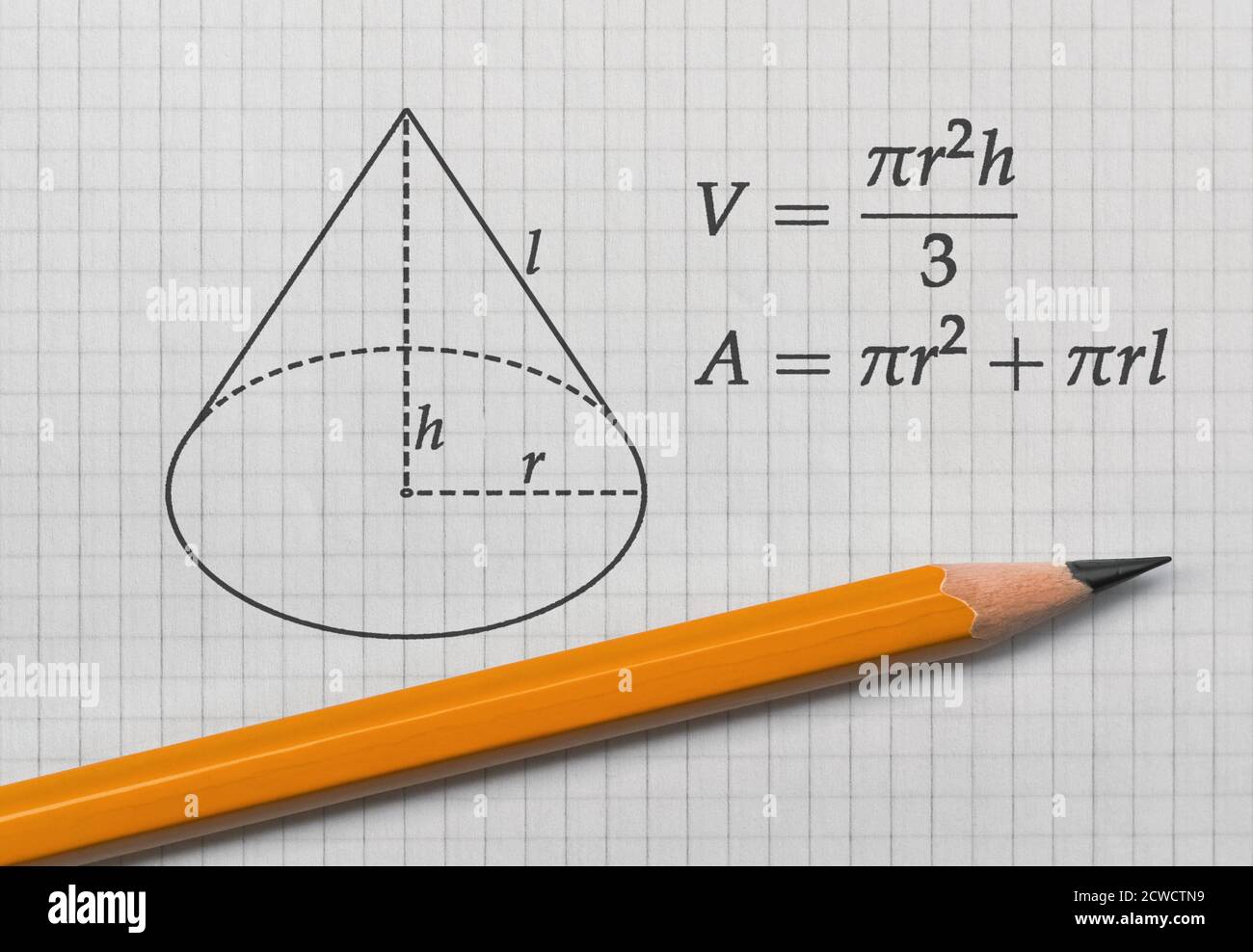 Formulas for the volume and the area of a cone and a yellow pencil Stock Photo