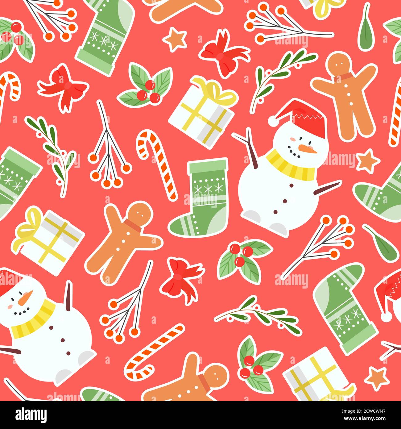 Christmas seamless pattern, giftwrap vector illustration. Cartoon flat funny snowman in red hat, socks for xmas gifts, Christmas gingerbread cookies on traditional winter wrapping design background Stock Vector