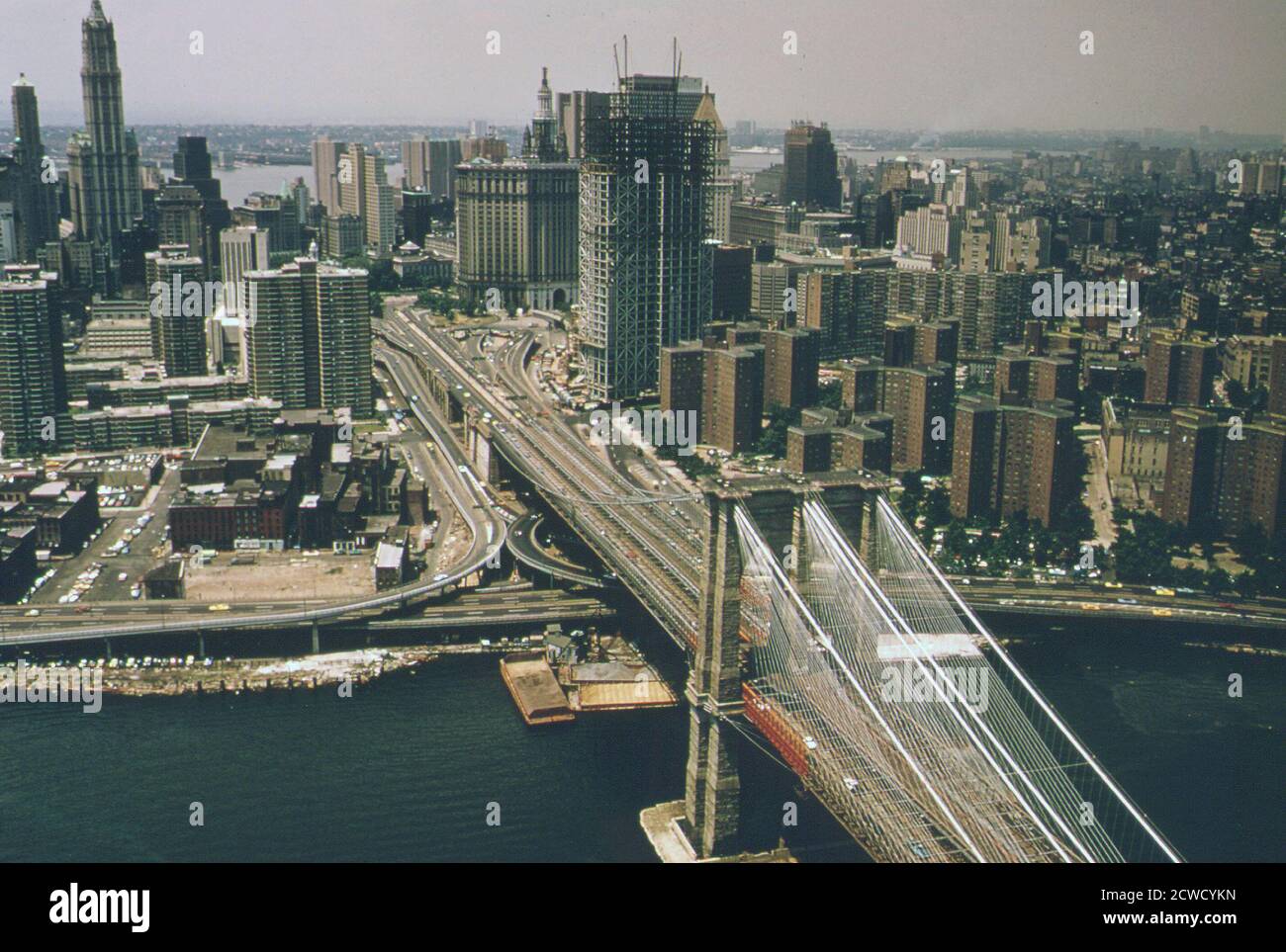 The Brooklyn Bridge into Manhattan New York ca.  June 1974 - New York City 1970s Stock Photo