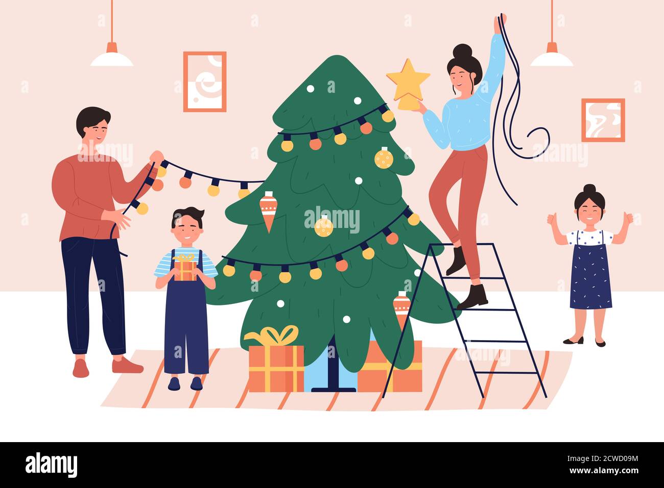 Decorate Christmas tree vector illustration. Cartoon flat mother ...