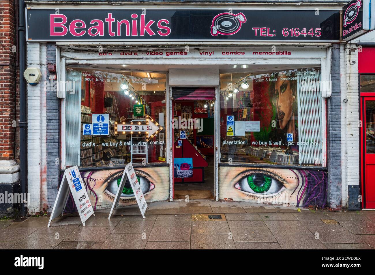 Beatniks Record Shop Norwich - Independent second hand records, games and film shop on Magdalen Street Norwich, founded 2000. Independent Record Store. Stock Photo
