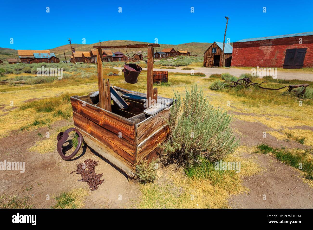 water well of the ancient 1800s buildings in Bodie state historic park