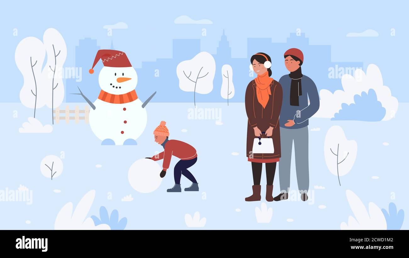 Family winter outdoor activity vector illustration. Cartoon flat active child son playing, making funny Xmas snowman, spending fun time with parents in snow nature of city park wintertime background Stock Vector Image Family winter outdoor activity vector illustration. Cartoon flat active child son playing, making funny Xmas snowman, spending fun time with parents in snow nature of city park wintertime background Stock Vector Image
