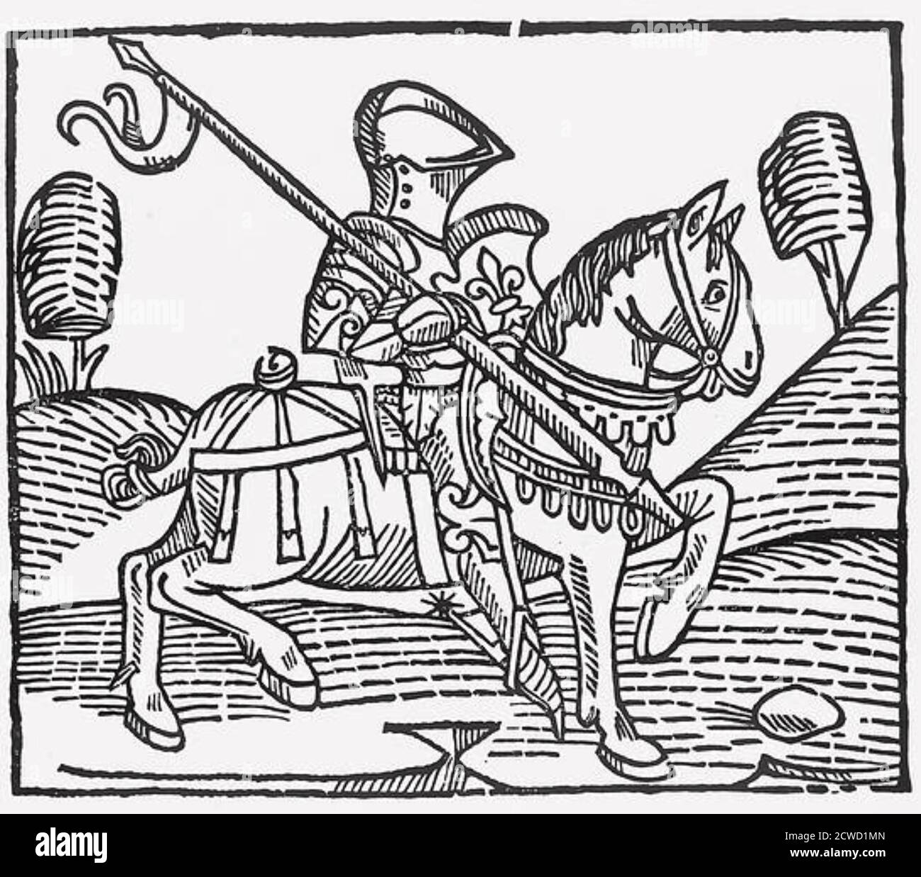 KNIGHT ON HORSEBACK in a 1474 wood engraving Stock Photo