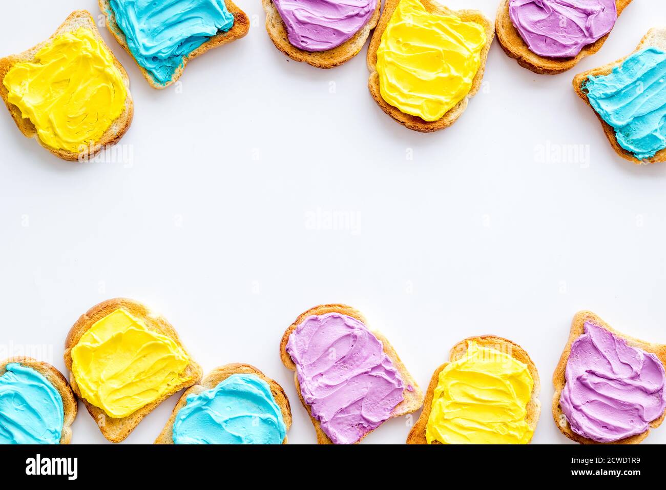 Variety spreads on bread slices. Layout top view Stock Photo