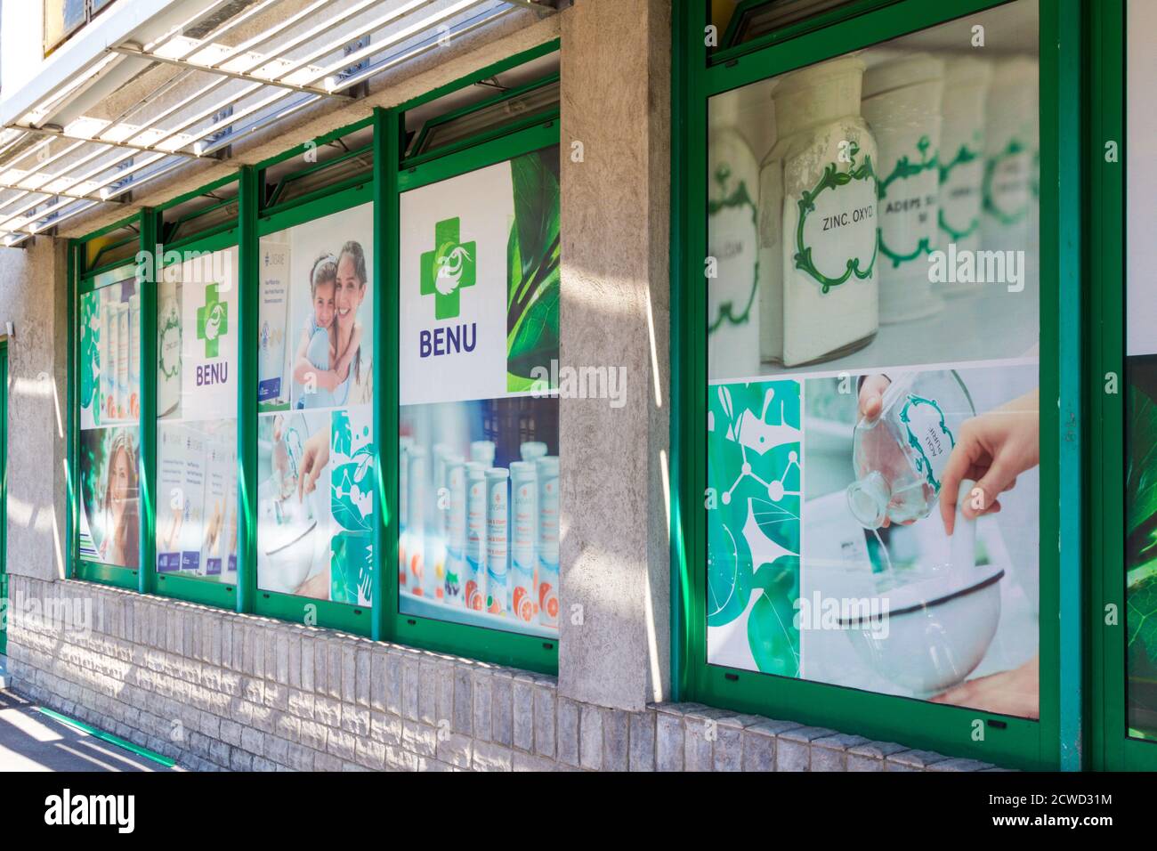 Shop window of BENU chemist store, Sopron, Hungary Stock Photo