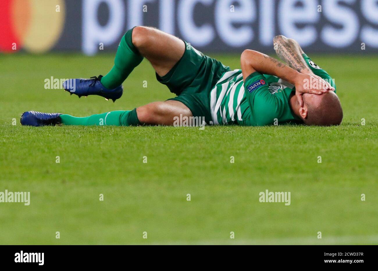 Soccer Football Champions League Play Off Second Leg Ferencvaros V Molde Groupama Arena Budapest Hungary September 29 2020 Ferencvaros Miha Blazic Reacts After Sustaining An Injury Reuters Bernadett Szabo Stock Photo Alamy
