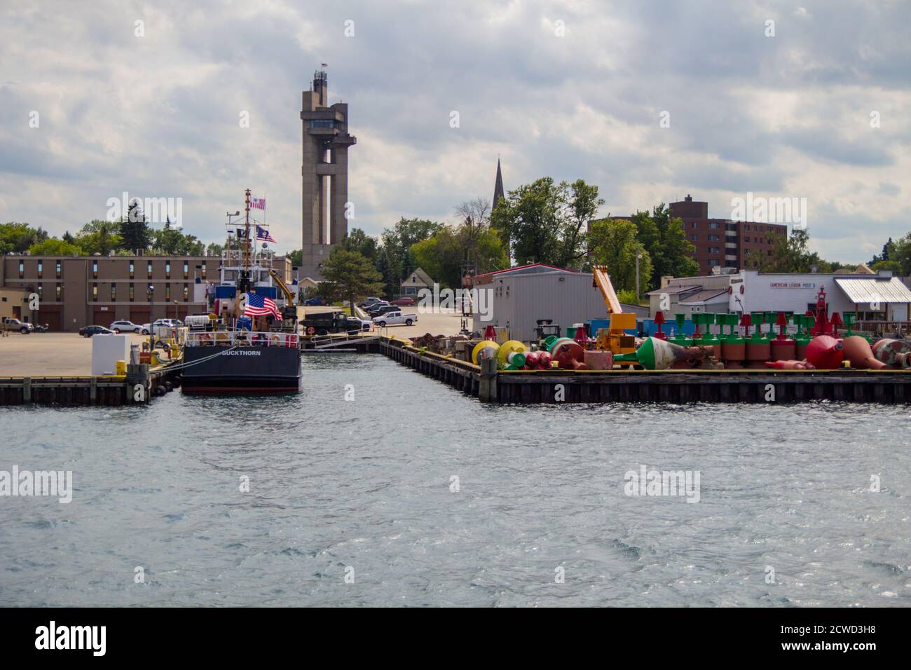 Sault Ste Marie, Michigan, USA - August 9, 2015: The downtown waterfront district of Sault Ste Marie on the shore of the St Marys River. Stock Photo