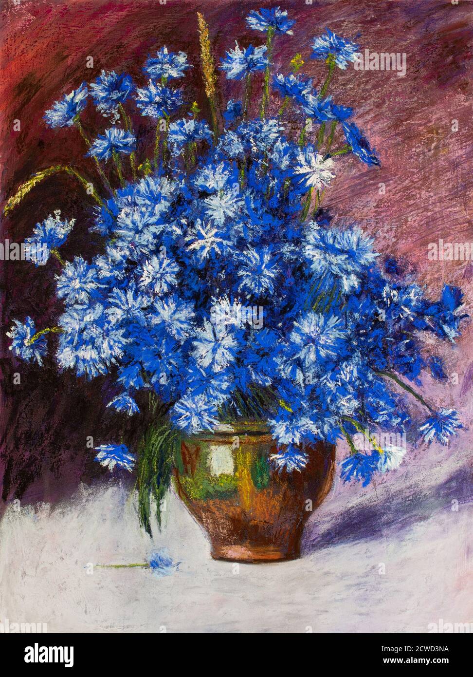 Blue flowers in a vase . Drawing with pastels on paper. Still life of ...