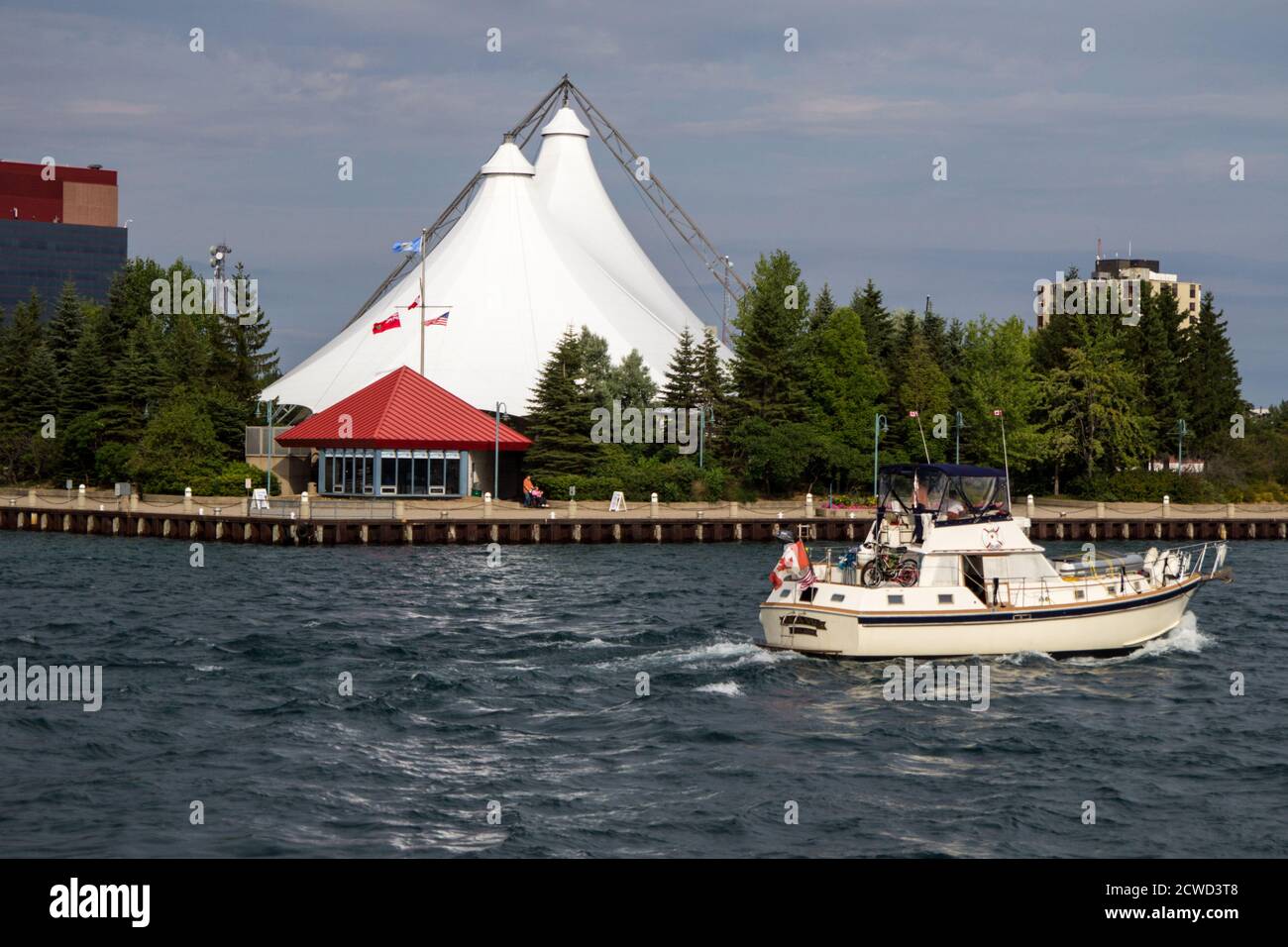 Sault Ste Marie, Ontario, Canada - August 9, 2015: The waterfront district of the small town of Sault Ste Marie, Ontario located on the Great Lakes. Stock Photo