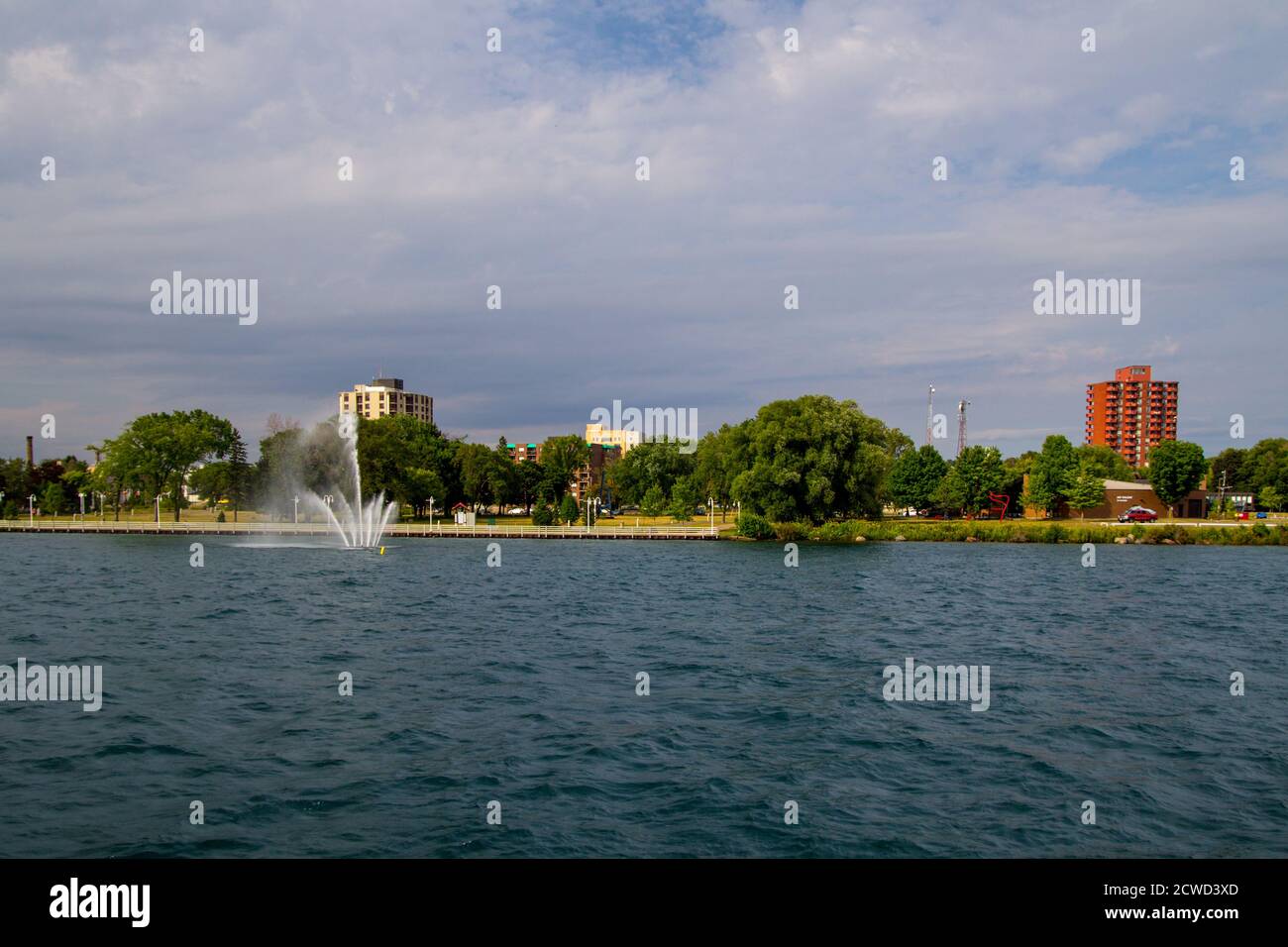 Sault Ste Marie Ontario skyline on the waterfront of the St Mary's River in Canada. Stock Photo