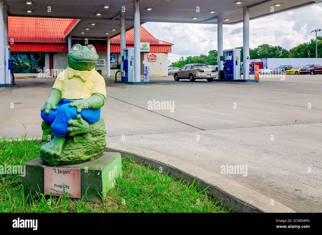 T. Jacques, a small frog statue, is pictured, Sept. 12, 2020, in Rayne
