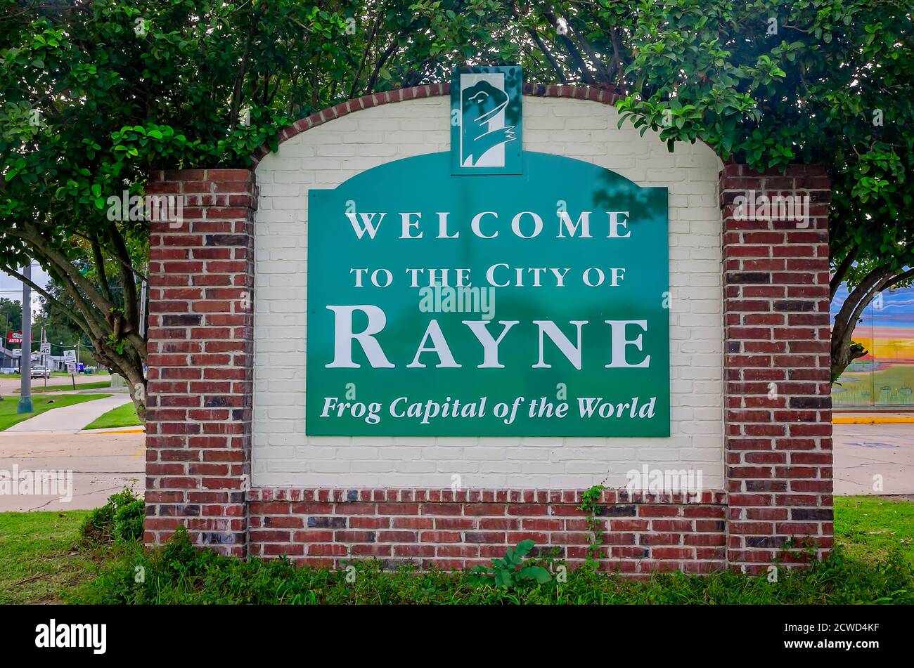 A sign welcomes visitors to the City of Rayne, Sept. 12, 2020, in Rayne, Louisiana. The city bills itself as the “Frog Capital of the World.' Stock Photo