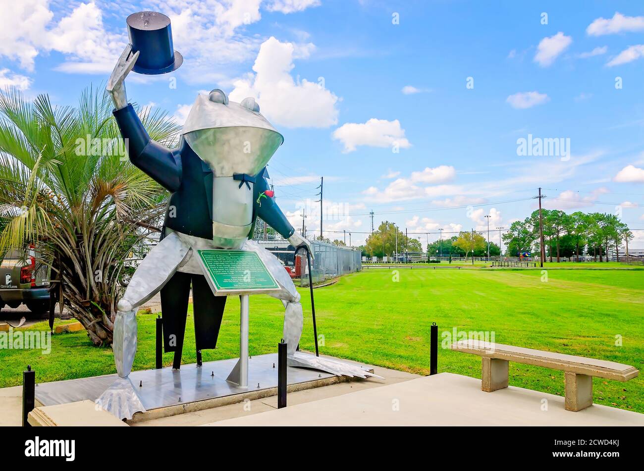 Monsieur Jacques, a giant frog statue, is pictured, Sept. 12, 2020, in Rayne, Louisiana. The city bills itself as the “Frog Capital of the World.' Stock Photo