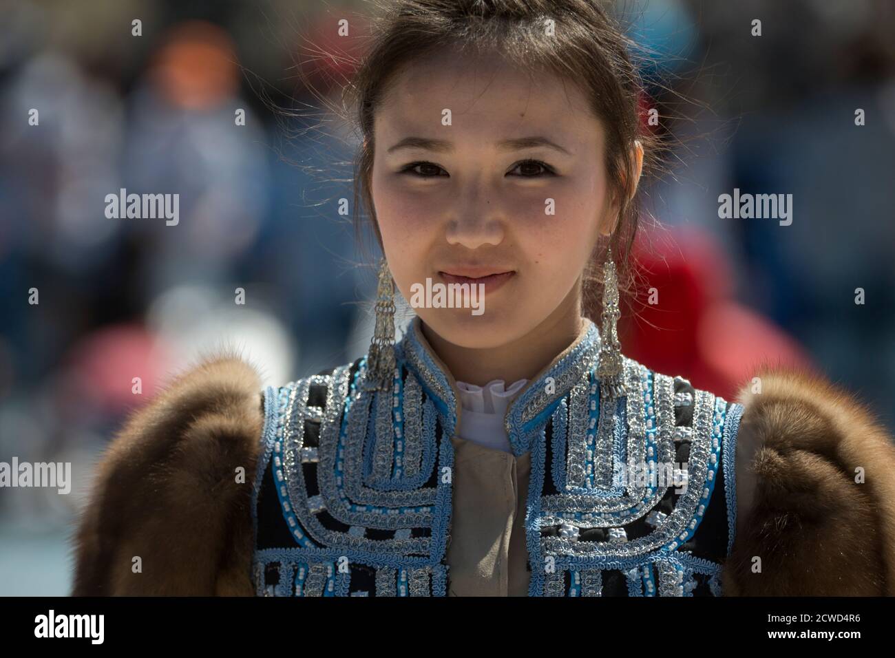 A beauty contest among the Buryat girls as part of the international ethno-cultural festival Erdyn Games (Erdyn Naadan) in Irkutsk Region near Baikal lake, Russia Stock Photo