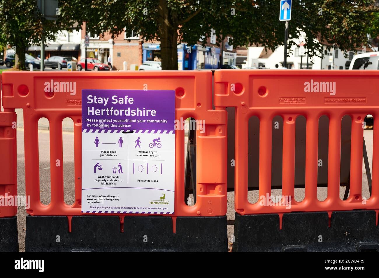 Covid-19 safety guidelines sign on the street in Harpenden United Kingdom Hertfordshire warning people to keep the safety guidelines Stock Photo