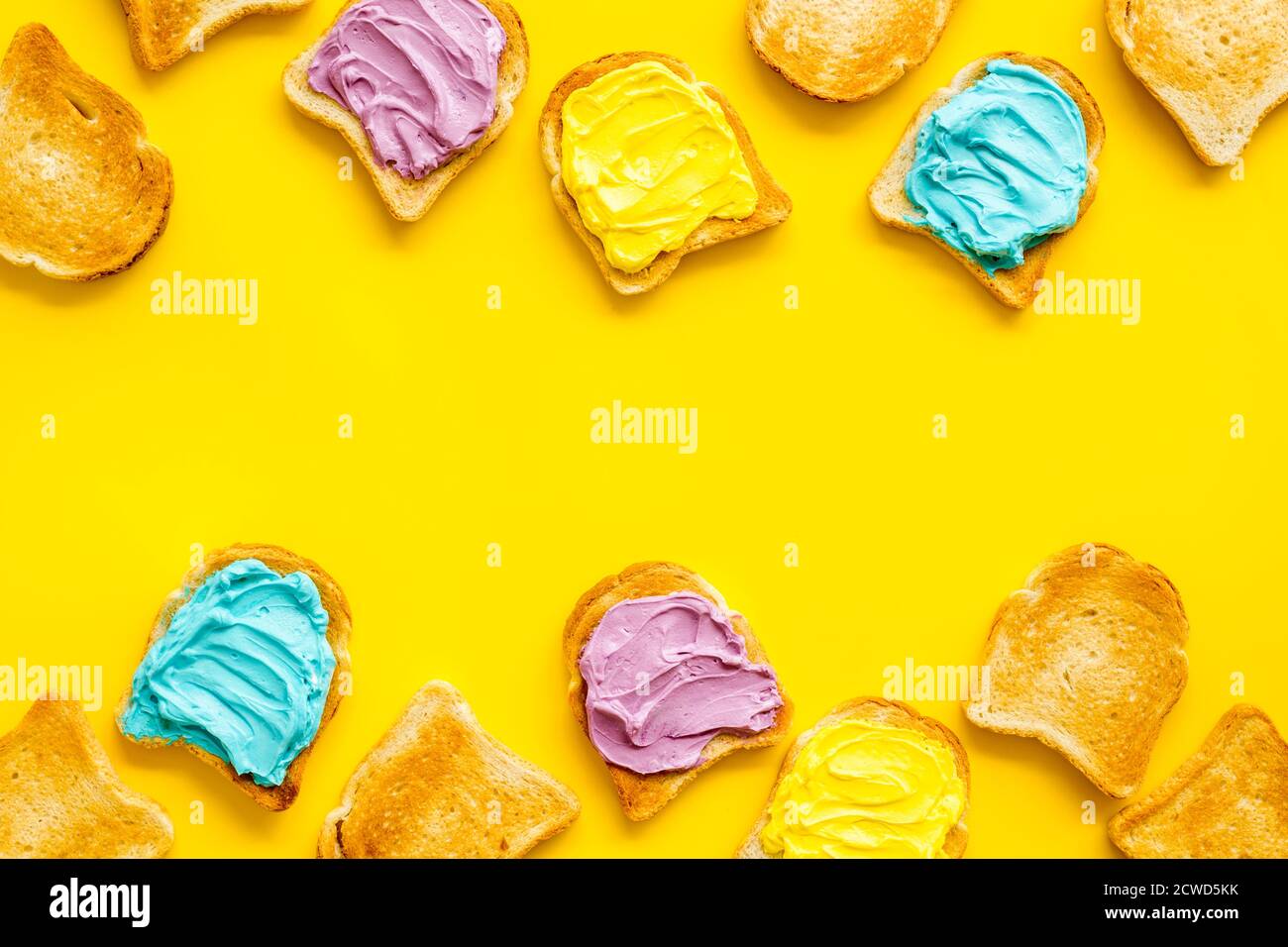 Variety spreads on bread slices. Layout top view Stock Photo