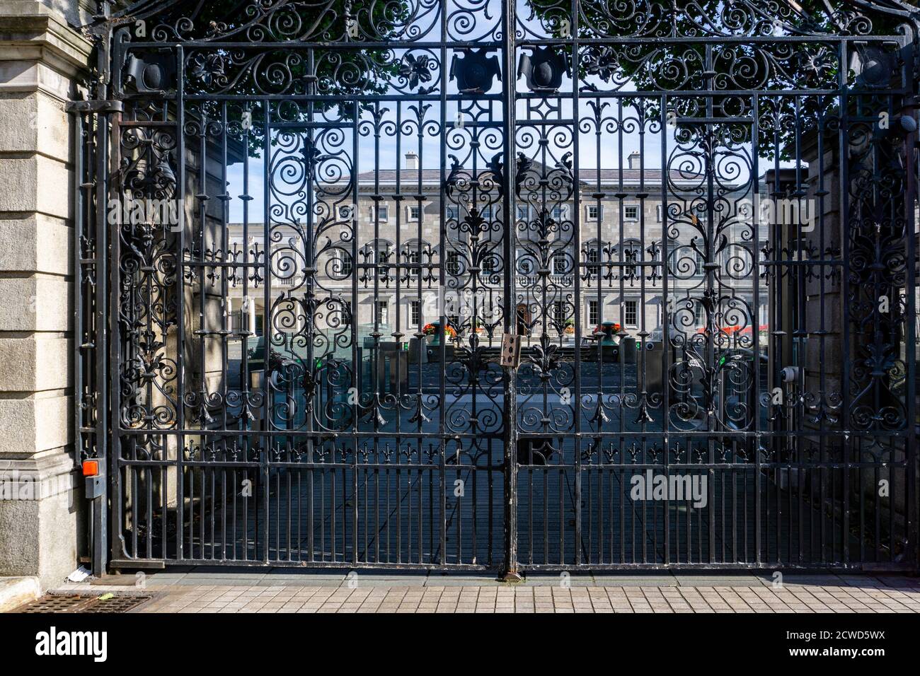 The locked gates of Leinster House, the seat of the Oireachtas, the parliament and senate of Ireland. Stock Photo