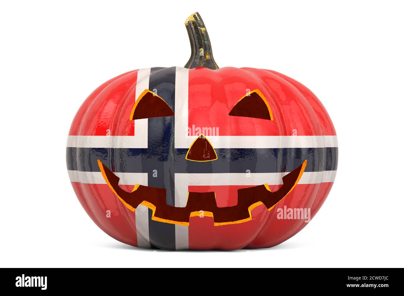 Halloween in Norway concept. Evil carved pumpkin with Norwegian flag, 3D rendering isolated on white background Stock Photo