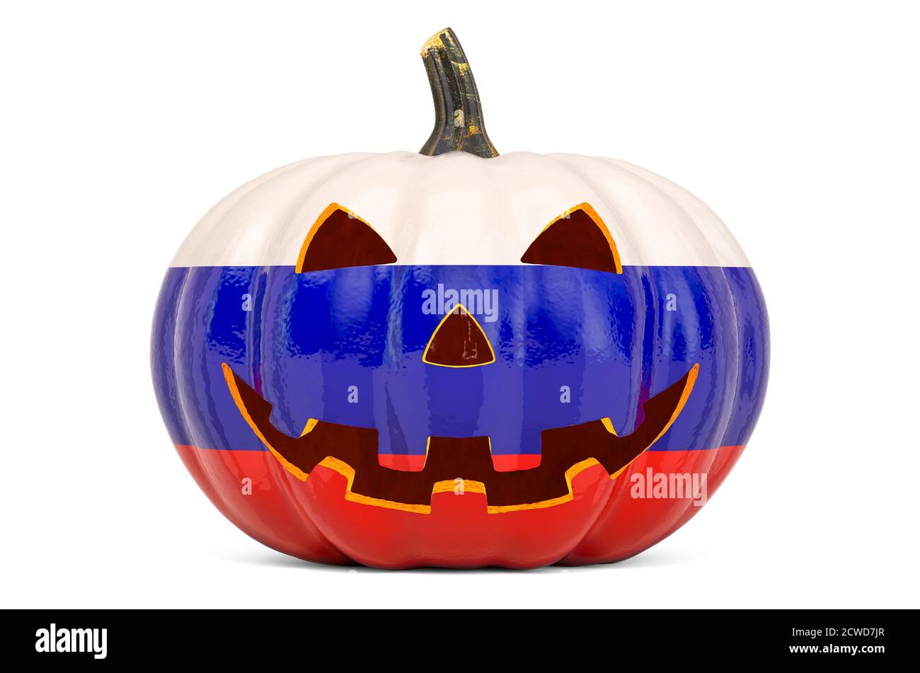 Halloween in Russia concept. Evil carved pumpkin with Russian flag, 3D