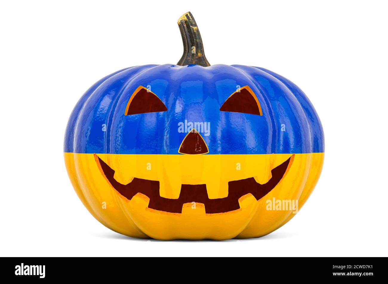 Halloween in Ukraine concept. Evil carved pumpkin with Ukrainian flag