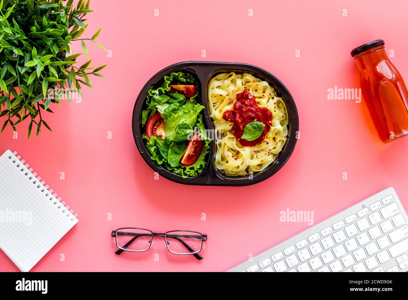 Food delivery to office. Business lunch in take away box, top view