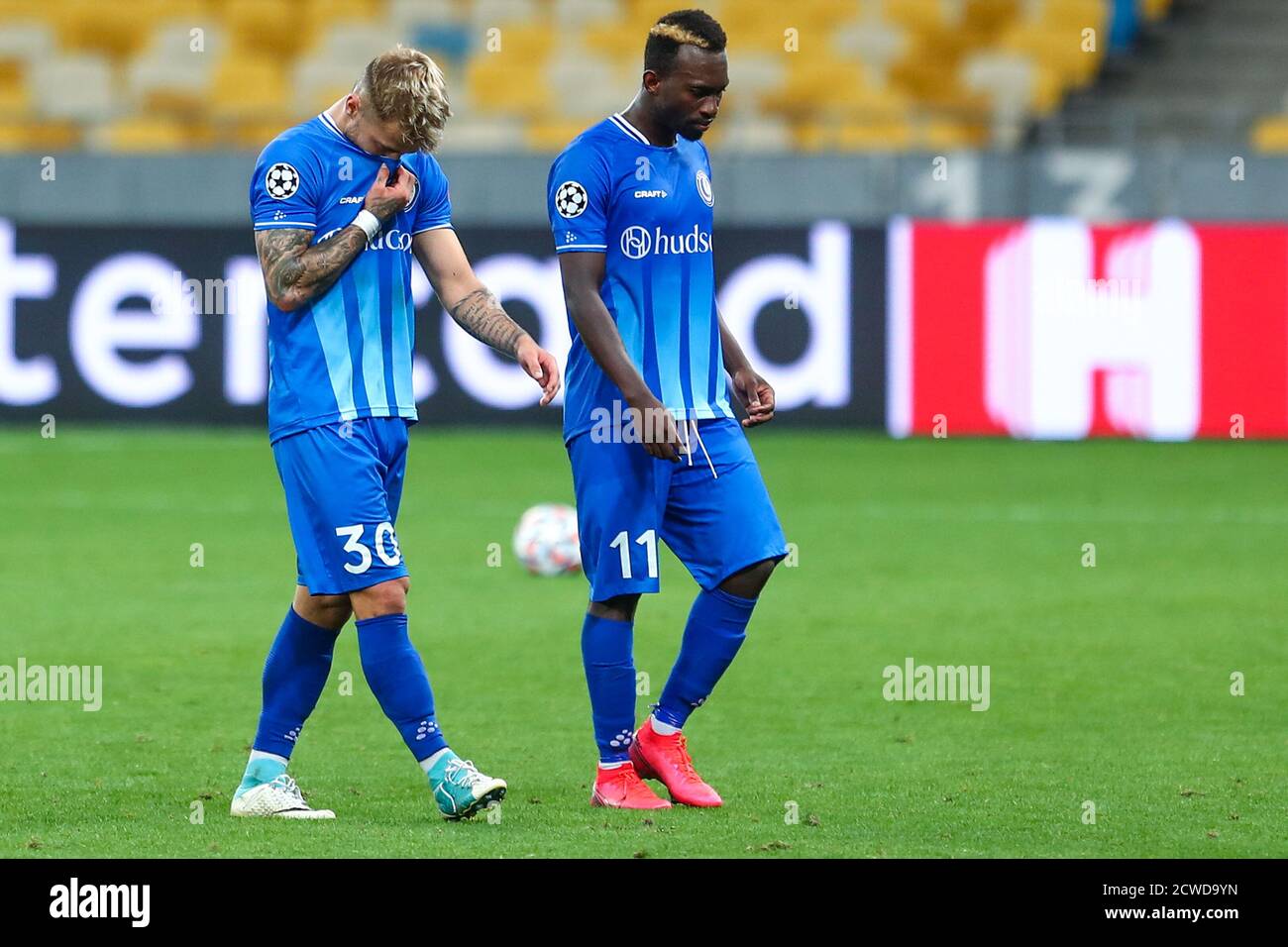 Kyiv Ukraine September 29 Iniklas Dorsch Of Aa Gent Anderson Niangbo Of Aa Gent Look Dejected During The Uefa Champions League Play Offs 2nd Leg Match Between Dynamo Kyiv And Kaa Gent