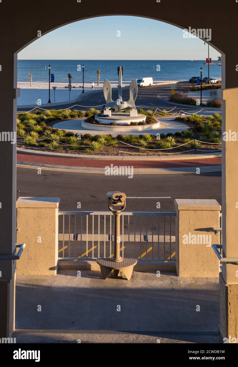 Large anchor at the center of a traffic roundabout in Jones park at the