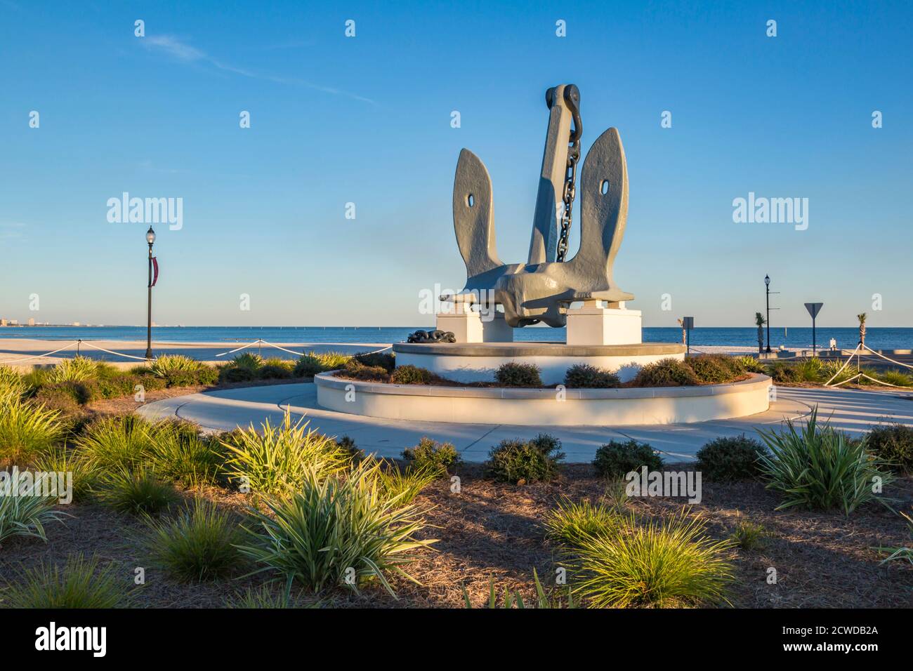 Large anchor at the center of a traffic roundabout in Jones park at the