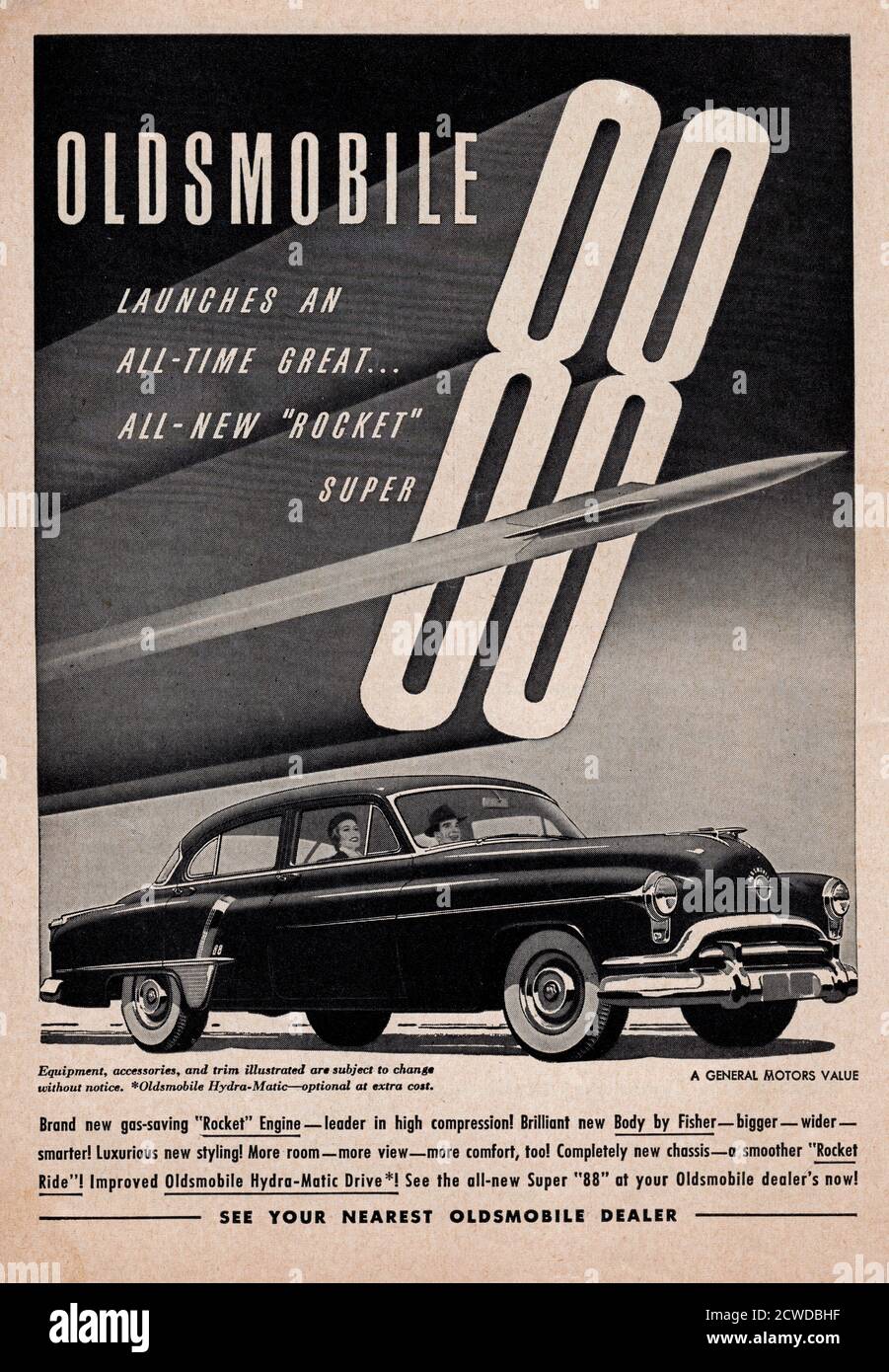 USA 1951 advertisement for the 88 Oldsmobile automobile 'Rocket Engine' from General Motors. Stock Photo