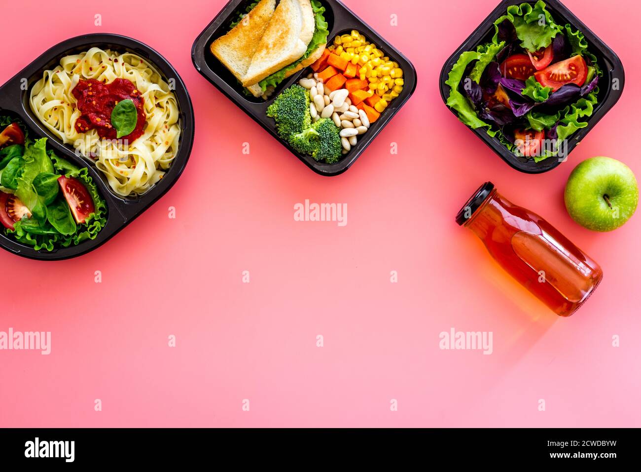 Healthy food in restaurant dish delivery. Top view, copy space Stock