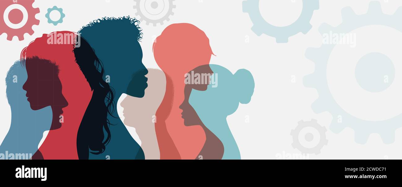 Psychology. Psychological therapy. Psychiatry and neurology. Mind thinking brain memory intelligence and cognition.Silhouette heads in profile people Stock Vector