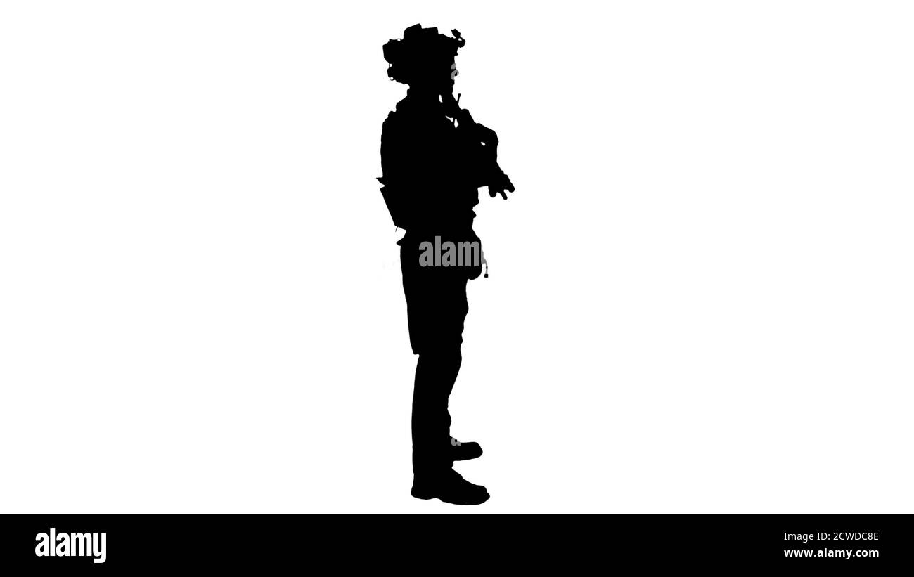Soldier with machine gun standing, Alpha Channel Stock Photo
