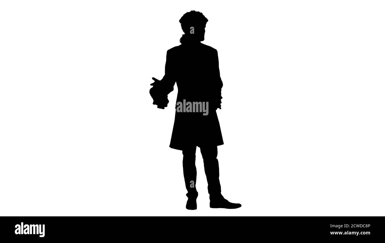 Silhouette Man in 18th century camisole and wig doing welcoming Stock Photo