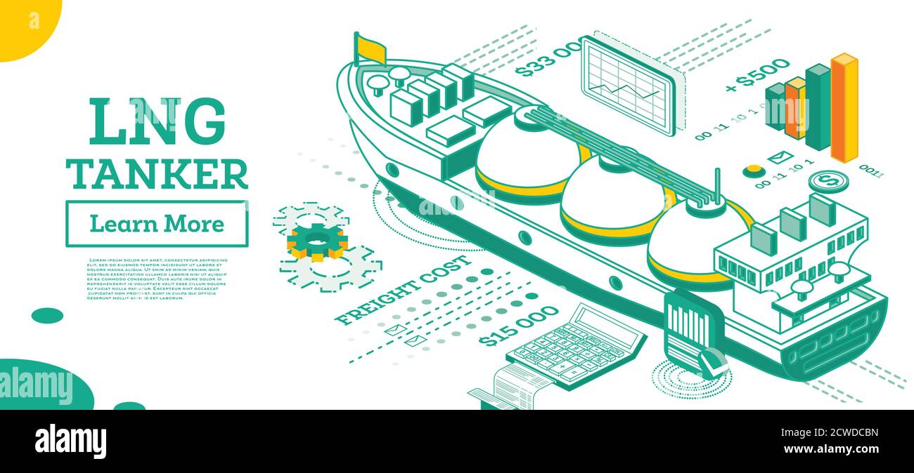 LNG Tanker. Isometric Gas Tanker. Commercial Water Transport. Vector Illustration. Infographic Element of Logistics System. Shipping Freight Transport Stock Vector