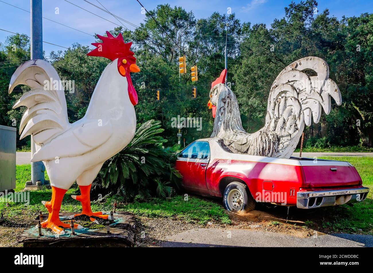 A giant chicken sits atop a 1977 El Camino in front of a Citgo gas station, Sept. 17, 2020, in Irvington, Alabama. The statues attract attention to th Stock Photo