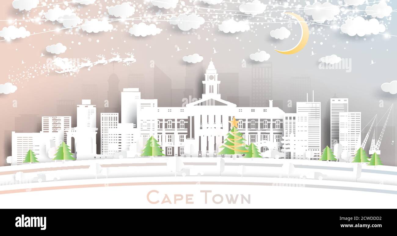 Cape Town South Africa City Skyline in Paper Cut Style with Snowflakes ...