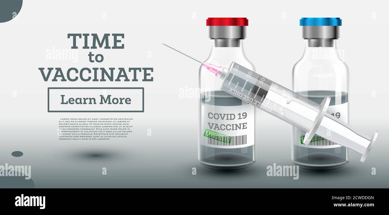 Time to Vaccinate. Two Vaccine Bottles with Syringe for Covid-19. Vector Illustration. Vaccination Medicine. Template with Transparent Glass. Stock Vector